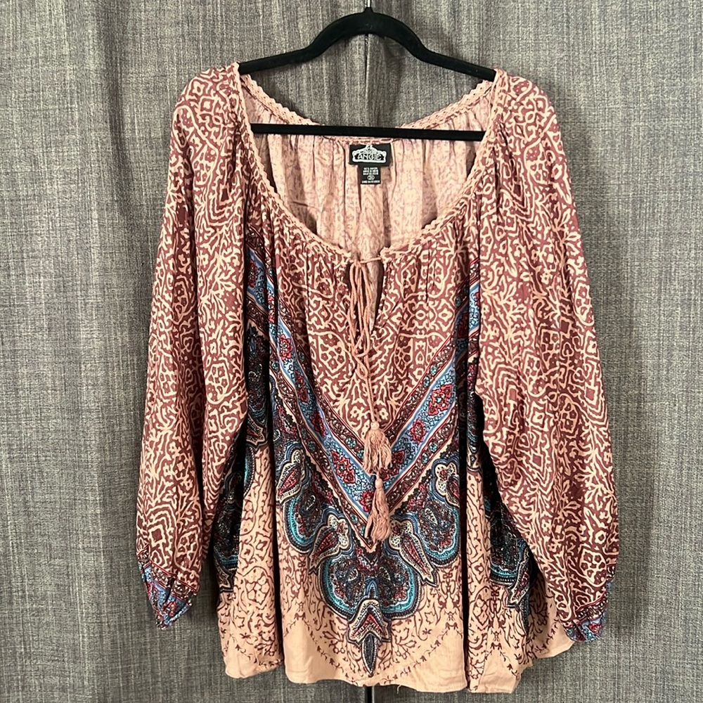Angie bohemian ash pink tunic blouse with tie neckline and puffed sleeves